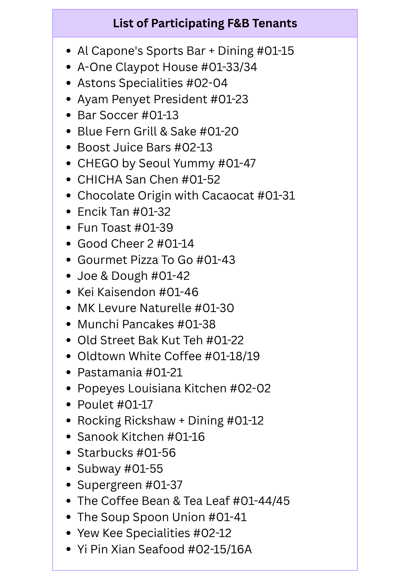 Tasty Treats Participating Tenants