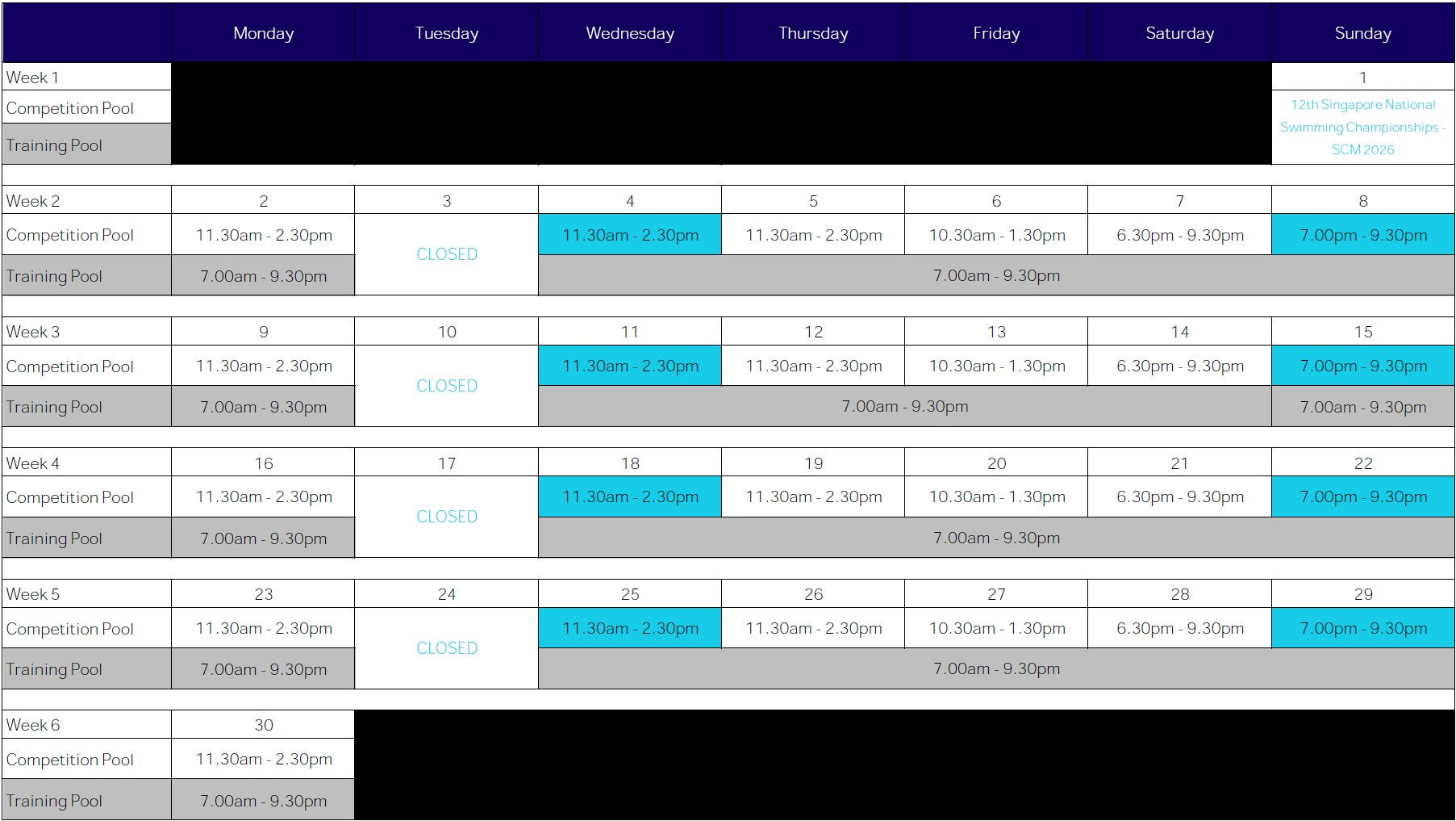 November 2026 Pool Schedule