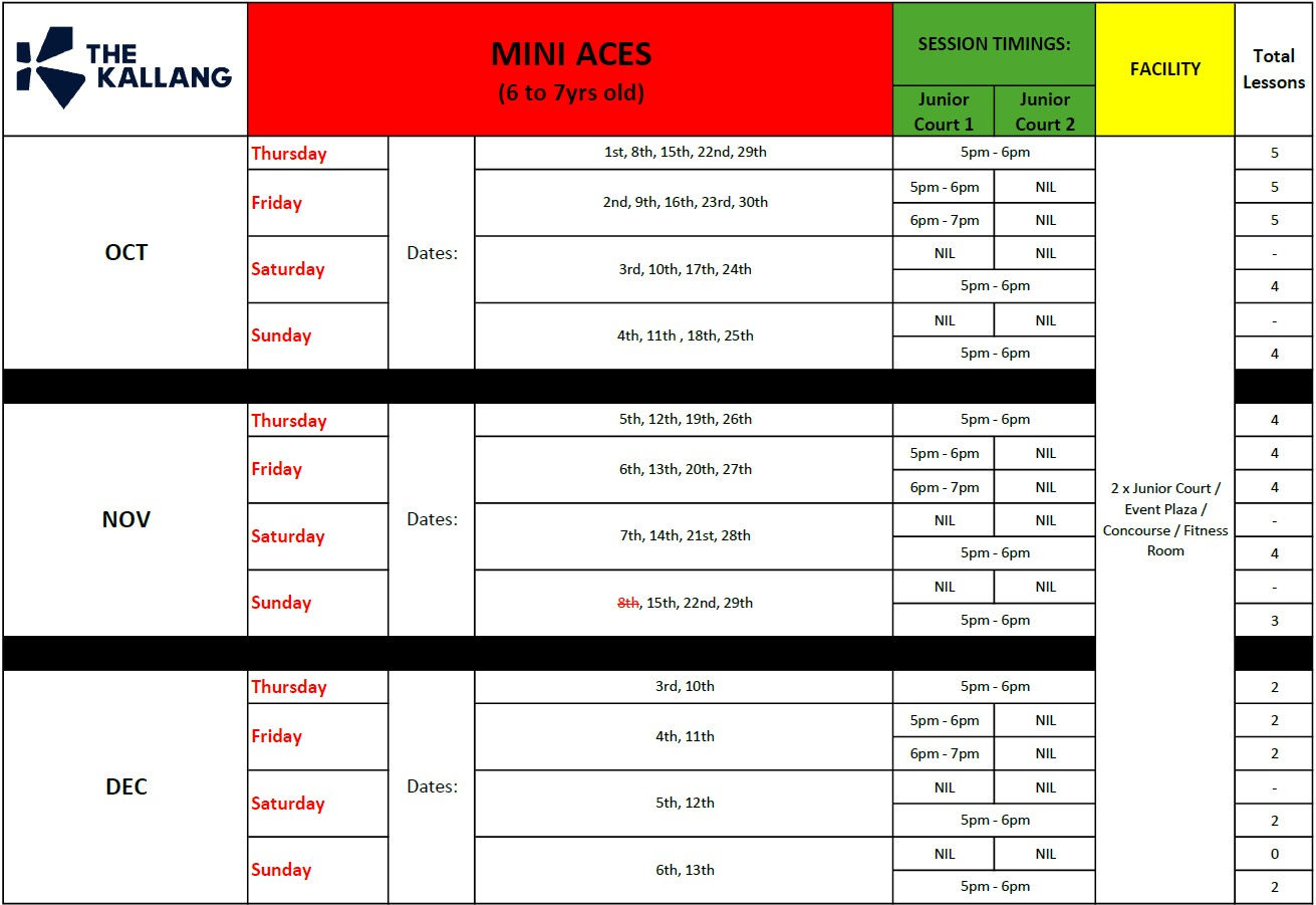 Mini Aces Schedule